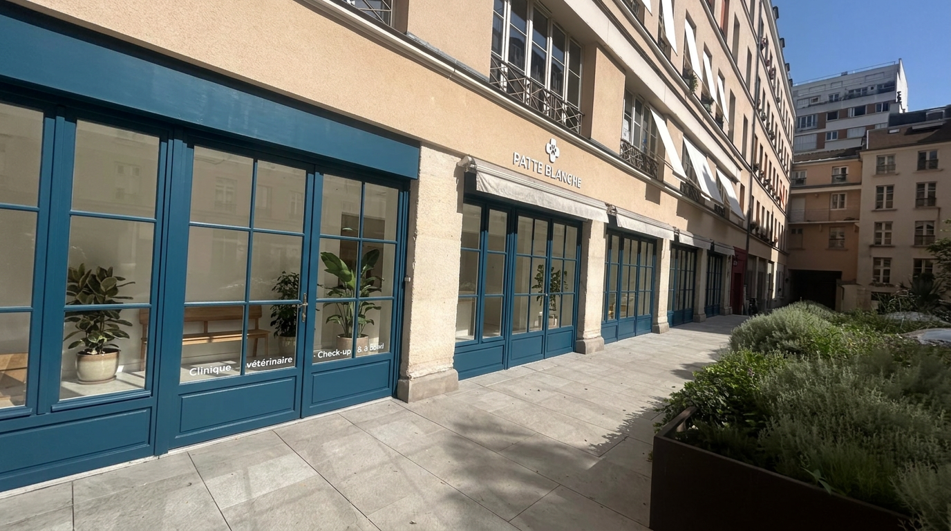 Projection de la future devanture de la clinique vétérinaire Patte Blanche à Paris